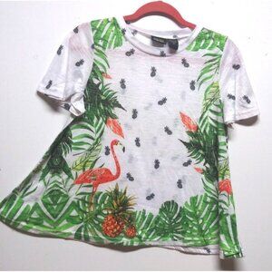 Sara Studio Womens top Sz M white orange flamingos Pineapples Tropical Knit EUC